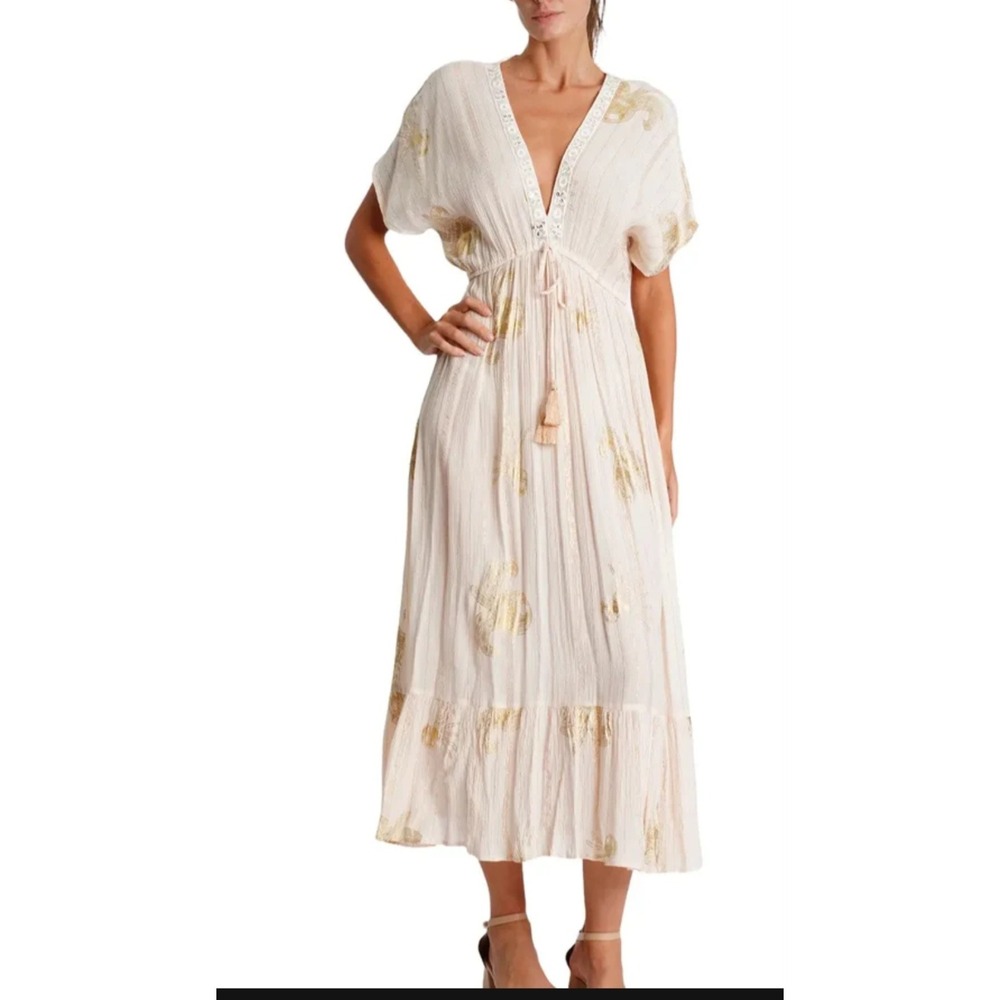 Club‎ Moda Cream Gold Metallic Octopus Jellyfish Maxi Dress Boho Resort S/M